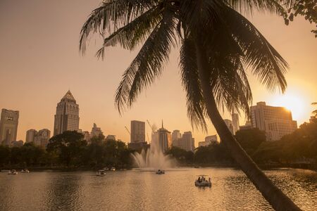 The Lumphini Park with the Skyline in the city of Bangkok in Thailand in Southest Asia.  Thailand, Bangkok, November, 2019のeditorial素材
