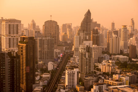 the skyline from the Roof Top of the Marriott Hotel with the Sukhumvit road in the city of Bangkok...