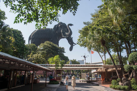 The 3 headed elephant statue of the Erewan Elephant Museum and temple in Samut Prakan nea the city of Bangkok in Thailand in Southest Asia.  rThailand, Bangkok, November, 2019のeditorial素材