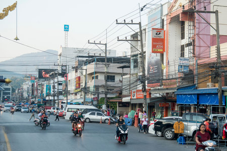the mainroad at the front of the Thai Border in the town of Mae Sai on the Border to Myanmar in the Chiang Rai Province in North Thailand.   Thailand, Mae Sai, November, 2019のeditorial素材