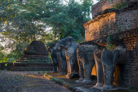 The Wat Chang Temple in the town of Kamphaeng Phet in the Kamphaeng Phet Province in North Thailand....