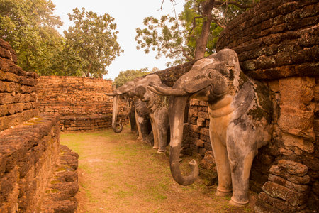 Elephant statue at the Wat Phra Kaeo at the Historical Park in of the town of Kamphaeng Phet in the...