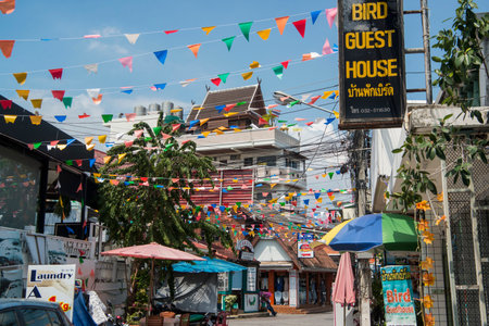 a street with shops in the City centre of Hua Hin in Thailand.   Thailand, Hua Hin, November, 2019