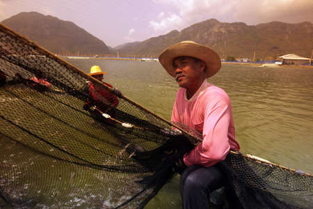 a shrimp earning at a shrimp farm at the Khao sam roi Yot national park south of the Town of Hua Hin in Thailand.   Thailand, Hua Hin, November, 2011のeditorial素材