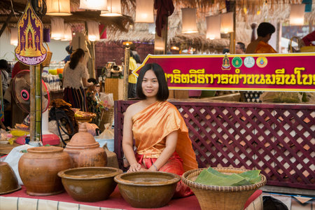 a Thai food market street at the Loy Krathong festival at the Historical Park in Sukhothai in the Provinz Sukhothai in Thailand.   Thailand, Sukhothai, November, 2019のeditorial素材