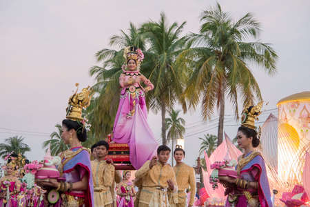 traditional dresst thai people at the Loy Krathong Festival in the Historical Park in Sukhothai in the Provinz Sukhothai in Thailand.   Thailand, Sukhothai, November, 2019のeditorial素材