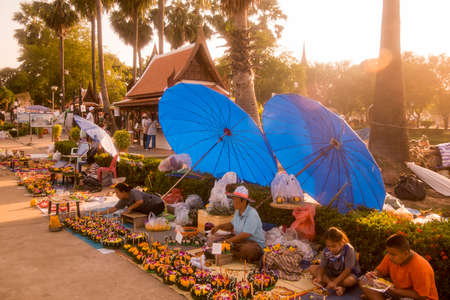 a smal shop with handmade Krathong at the Loy Krathong Festival in the Historical Park in Sukhothai in the Provinz Sukhothai in Thailand.   Thailand, Sukhothai, November, 2019のeditorial素材