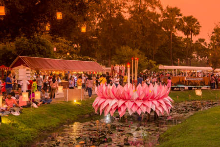 a Krathong at the Loy Krathong Festival in the Historical Park in Sukhothai in the Provinz Sukhothai in Thailand.   Thailand, Sukhothai, November, 2019のeditorial素材