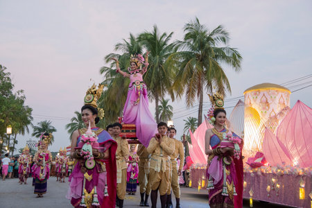 traditional dresst thai people at the Loy Krathong Festival in the Historical Park in Sukhothai in...