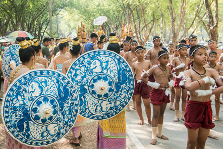 traditional dresst thai people at the Loy Krathong Festival in the Historical Park in Sukhothai in...