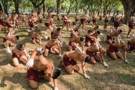 muay Thai boxing boys at the Loy Krathong Festival in the Historical Park in Sukhothai in the Provinz Sukhothai in Thailand.   Thailand, Sukhothai, November, 2019のeditorial素材