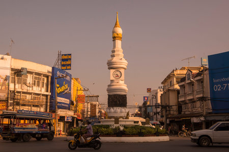 the clock tower in the city centre of the new Sukhothai city in the Provinz Sukhothai in Thailand.   Thailand, Sukhothai, November, 2019のeditorial素材