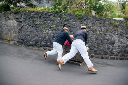 a traditional Monte sledge on the way from Monte to Funchal the city centre of Funchal on the Island...