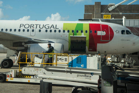a airplane of TAP on thel Airport in Lisbon of Portugal.   Portugal, Madeira, April 2018