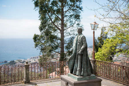 a statue of the Emperor of Austria Charles 1 or Karl 1 at the Igreja Nossa Senhora or Chuch of Monte in the town of Monte near the city centre of Funchal on the Island Madeira of Portugal.   Portugal, Madeira, April 2018のeditorial素材