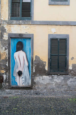 street  and wall art at the old houses in the old town of zona Velha in the old city of Funchal at night on the Island Madeira of Portugal.   Portugal, Madeira, April 2018のeditorial素材