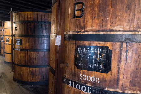 the wine barrel at the wine cellar in the Madeira wine company of Blandys in the city centre of Funchal on the Island Madeira of Portugal.   Portugal, Madeira, April 2018のeditorial素材