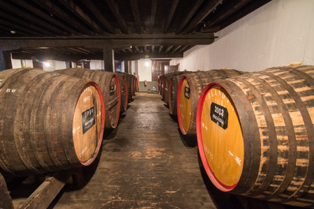 the wine barrel at the wine cellar in the Madeira wine company of Blandys in the city centre of...