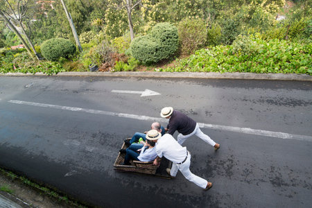 a traditional Monte sledge on the way from Monte to Funchal the city centre of Funchal on the Island...