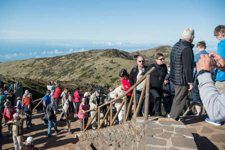 Tourists in the Landscape and Mountains of the Madeira National Park in Central Madeira on the Island Madeira of Portugal.   Portugal, Madeira, April 2018のeditorial素材