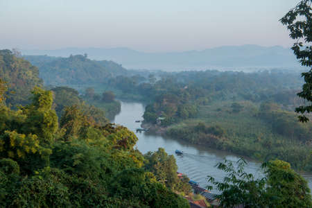 the Golden Triangle of Thailand, Myanmar and Laos at the Golden Triangle of Thailand, Myanmar and Laosat the mekong river in the town of Sop Ruak in the north of the city Chiang Rai in North Thailand.   Thailand, Chiang Sean, November, 2019のeditorial素材