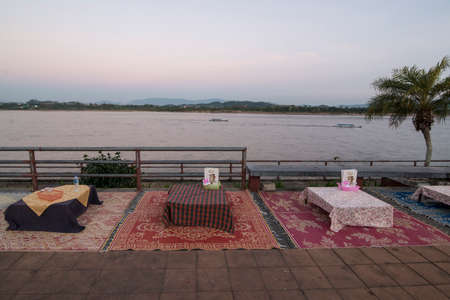 street food at a Satuday night market at the mekong river in the town of Chiang Saen in the north of the city Chiang Rai in North Thailand.   Thailand, Chiang Sean, November, 2019のeditorial素材