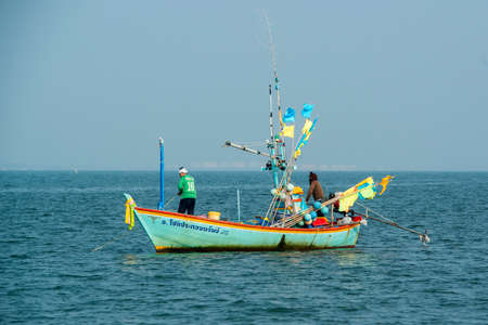 a fishingboat on the Gulf of Thailand on the Ban Laem District near the city of Phetchaburi or Phetburi in the province of Phetchaburi in Thailand.   Thailand, Phetburi, November, 2019のeditorial素材