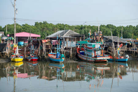 a fishingboat Harbour on the Gulf of Thailand in the Ban Laem District near the city of Phetchaburi or Phetburi in the province of Phetchaburi in Thailand.   Thailand, Phetburi, November, 2019のeditorial素材