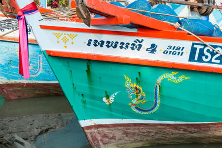 a fishingboat Harbour on the Gulf of Thailand in the Ban Laem District near the city of Phetchaburi or Phetburi in the province of Phetchaburi in Thailand.   Thailand, Phetburi, November, 2019のeditorial素材