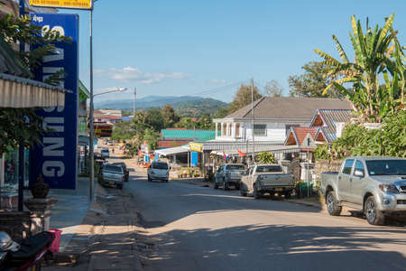 the Boat pier at the Village of Huay Xay in Lao at the Mekong River from the view in the northwest Lao in Lao.   Lao, Huay Xay, November, 2019のeditorial素材