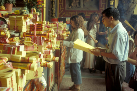 people pray in a Chinese Temple in the city centre of Taipei in Taiwan of East Aasia.   Taiwan, Taipei, May, 2001のeditorial素材