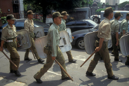 Police and Security on the streets in the city centre of Taipei in Taiwan of East Aasia.   Taiwan,...