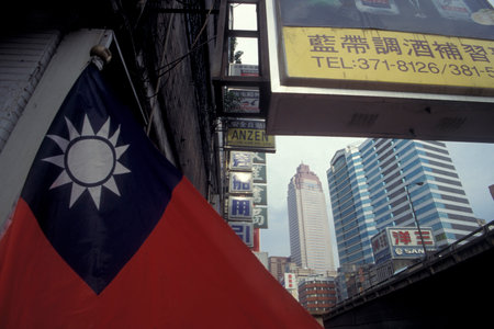 a Taiwan flag with the skyline of the city centre of Taipei in Taiwan of East Aasia.   Taiwan, Taipei, July, 1997のeditorial素材