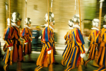 Members of the swiss guards a the Vatican in the city centre and old Town of Rome in Vatican.  Vatican, Rome, Ferbruary, 2001のeditorial素材