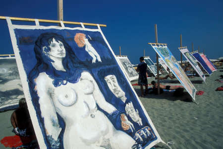 art paintings as decoration at a public beach in Rimini in Emilia-Romagna in Italy.   Italy, Rimini, June, 2001のeditorial素材