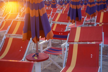 umbrellas or parasol at a public beach in Rimini in Emilia-Romagna in Italy.   Italy, Rimini, June, 2001のeditorial素材