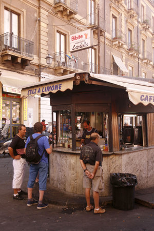 a cafe bar on the streets in the city centre of Catania in the province of Sicily in Italy.   Italy, Sicily, October, 2014のeditorial素材