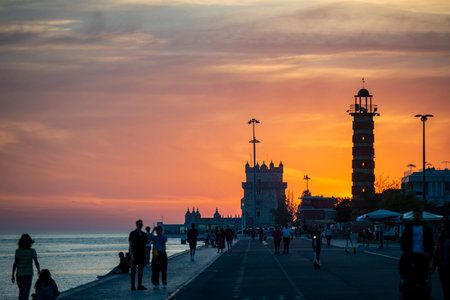 the Torre de Belem or Belem Tower at sunset on the Rio Tejo in Belem near the City of Lisbon in Portugal.  Portugal, Lisbon, October, 2021のeditorial素材