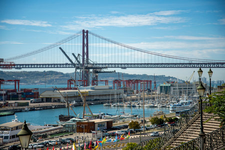 a carco freight Port at the Rio Tejo in the City of Lisbon in Portugal.  Portugal, Lisbon, October, 2021のeditorial素材