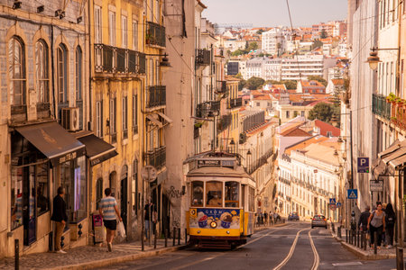 a traditional Lisbon Tram on the streets of Chiado in the City of Lisbon in Portugal.  Portugal, Lisbon, October, 2021のeditorial素材