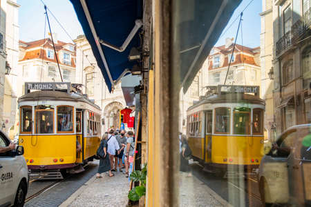 a traditional Lisbon Tram on the streets of Alfama in the City of Lisbon in Portugal. Portugal, Lisbon, October, 2021のeditorial素材