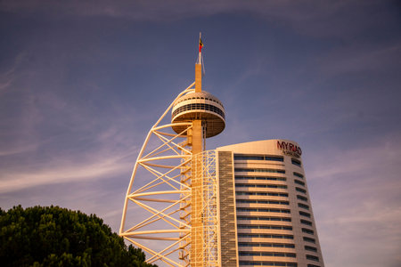 The Vasco da Gama Tower in Oriente near the City of Lisbon in Portugal.  Portugal, Lisbon, October,...