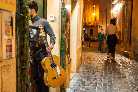 traditional Fado Music in a Fado Restaurant in the city area of Alfama in the City of Lisbon in...