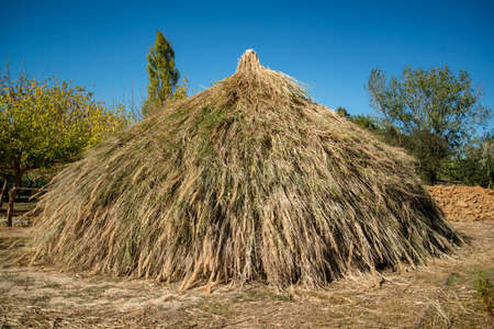 a traditional House of the People at the Ebora Megalithica and Cromlech of Almendres in Almendres near the city of Evora in Alentejo in Portugal.  Portugal, Evora, October, 2021のeditorial素材