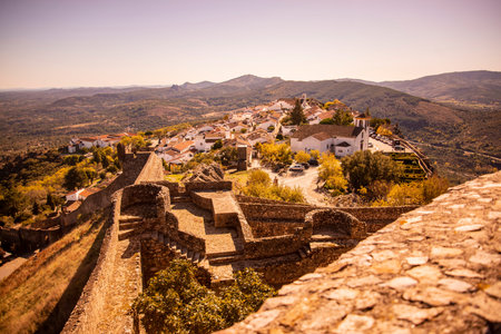 the Fort and Castelo of Marvao with the old Town of the Village of Marvao on the Hill of Castelo de Marvao in Alentejo in Portugal.  Portugal, Marvao, October, 2021のeditorial素材