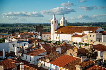a view of the Town and Castle of Avis with the Church Misericordia in Alentejo in Portugal. ...