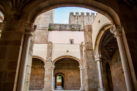 the Patio inside of the Castelo and Monastery Santa Maria de Flor da Rosa in the old Town of Flor da...