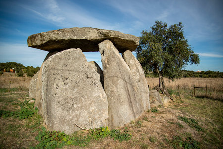 the Megalithic Dolmen of Anat da Vidigueira near the Town of  Redondo in Alentejo in Portugal. ...