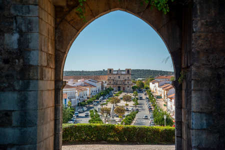 the main Square or Parca da Republica with the church and Igeja de sao Bartolomeu in the city of Vila Vicosa in Alentejo in Portugal.  Portugal, Vila Vicosa, October, 2021のeditorial素材