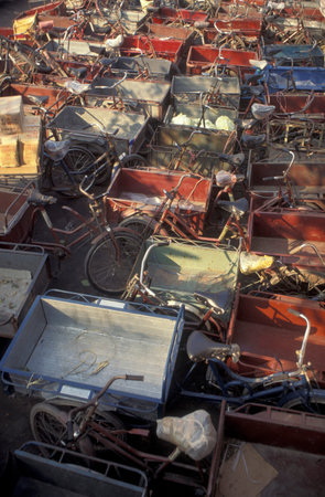 Bicycle transport carts on a parking lot in the City of Kaifeng in the Province of Henan in China....